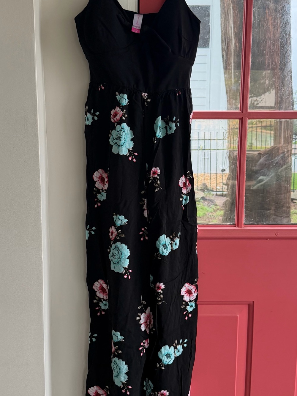 No Boundaries Black Jumpsuit with Aqua and Pink Floral Accents